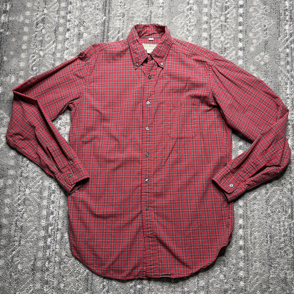 Vintage LL Bean USA Cotton Mens Button Up Shirt Medium Long Red Plaid Holiday